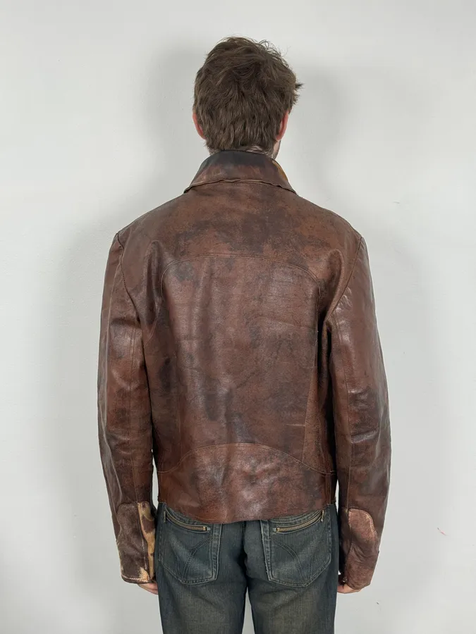 2000s Imperial Brown Leather Cow Effect Pony Hair Jacket - Image 3