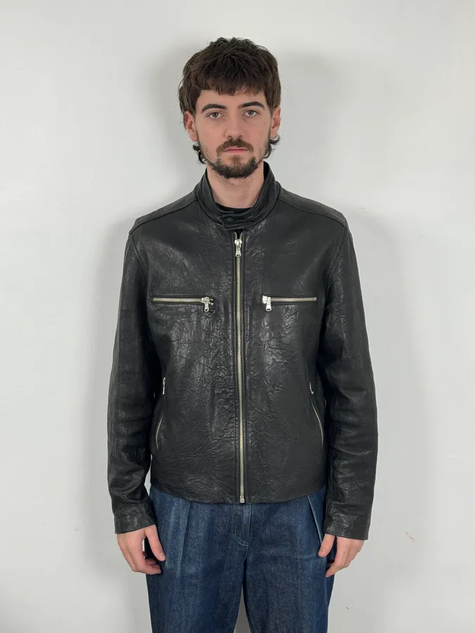 2000s Italian Black Eroded Leather Avant-Garde Jacket - Image 2