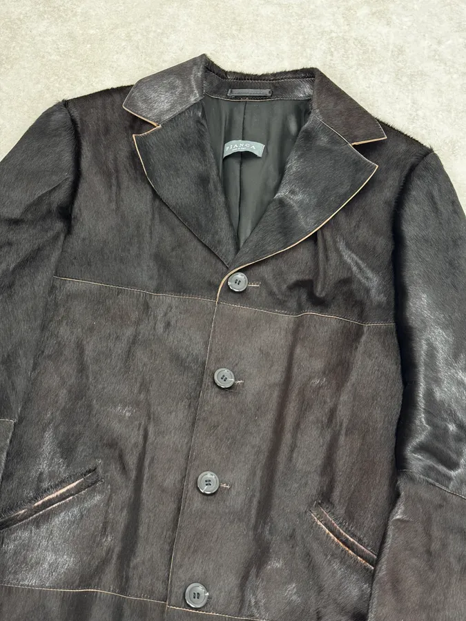 2000s Italian Black Leather Pony Hair Long Jacket - Image 5