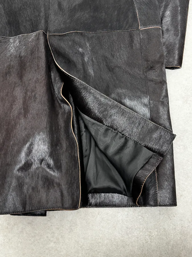 2000s Italian Black Leather Pony Hair Long Jacket - Image 9