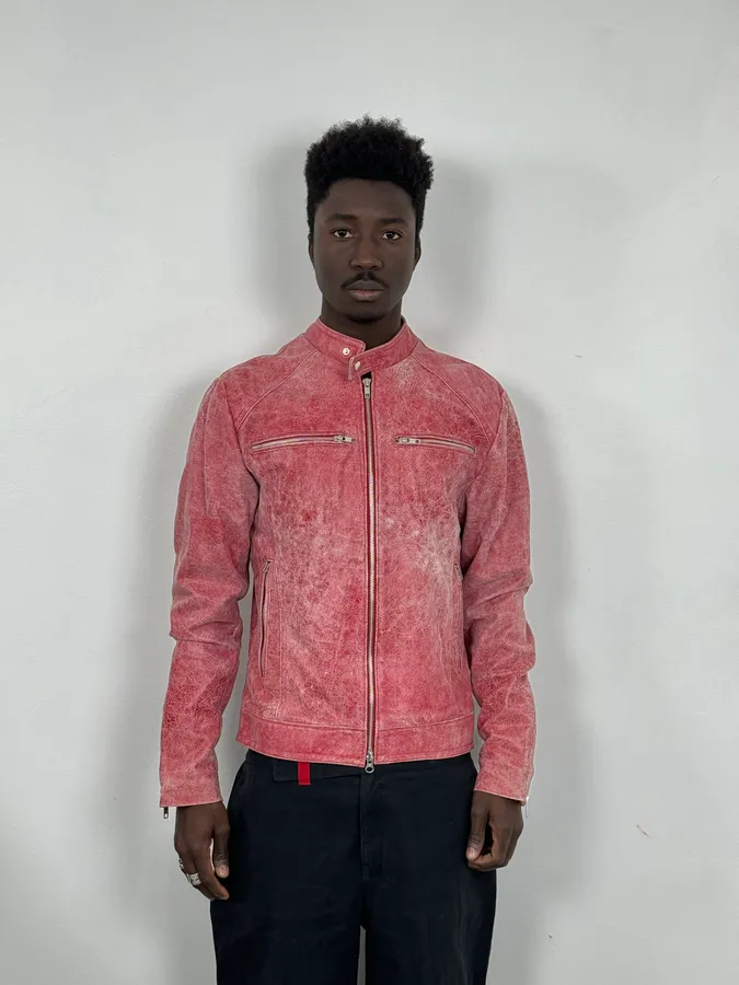 2000s Italian Red Eroded Leather Roma Jacket - Image 2