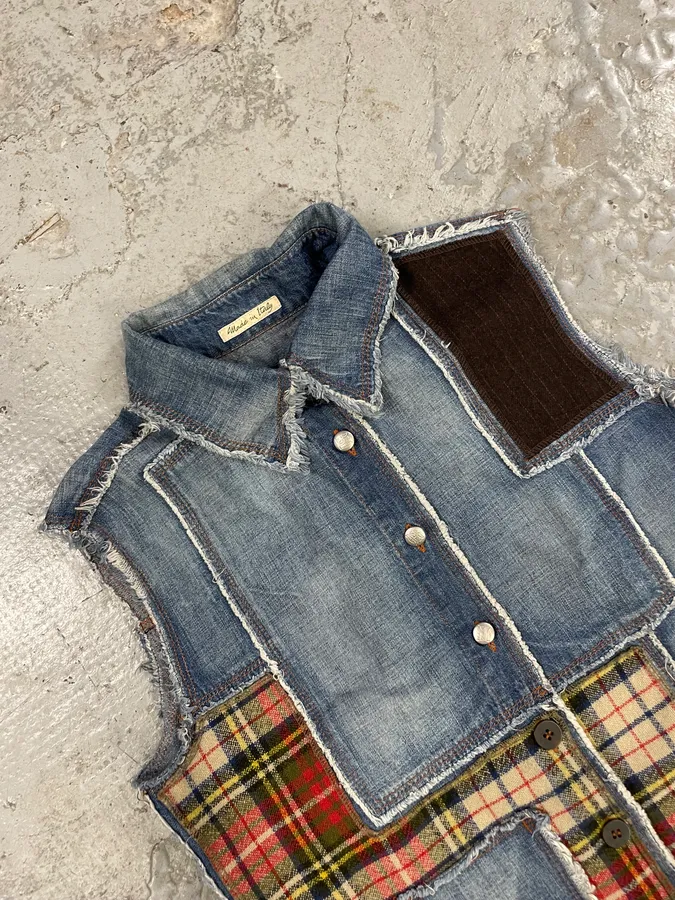 2000s Jean Paul Gaultier Asymmetrical Patchwork Wool Denim Jacket - Image 6