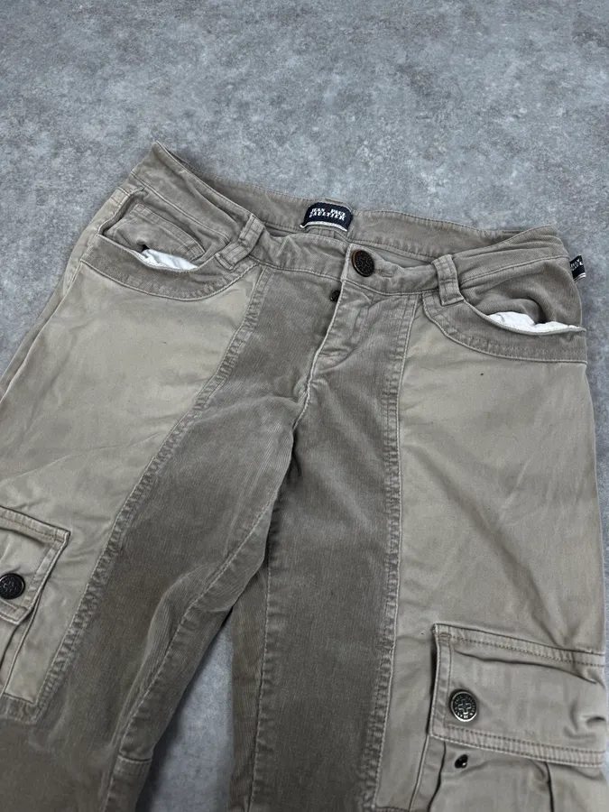 2000s Jean Paul Gaultier Beige Multi Pockets Cargo Aviator Velvet Pants - Image 6