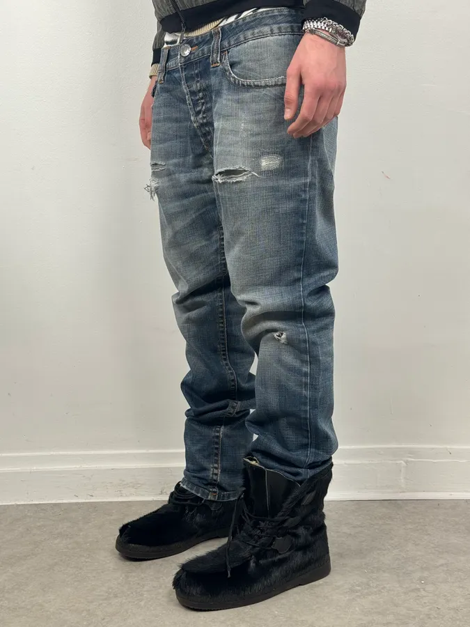 2000s Jean Paul Gaultier Blue Faded Rebel Denim Jeans - Image 2