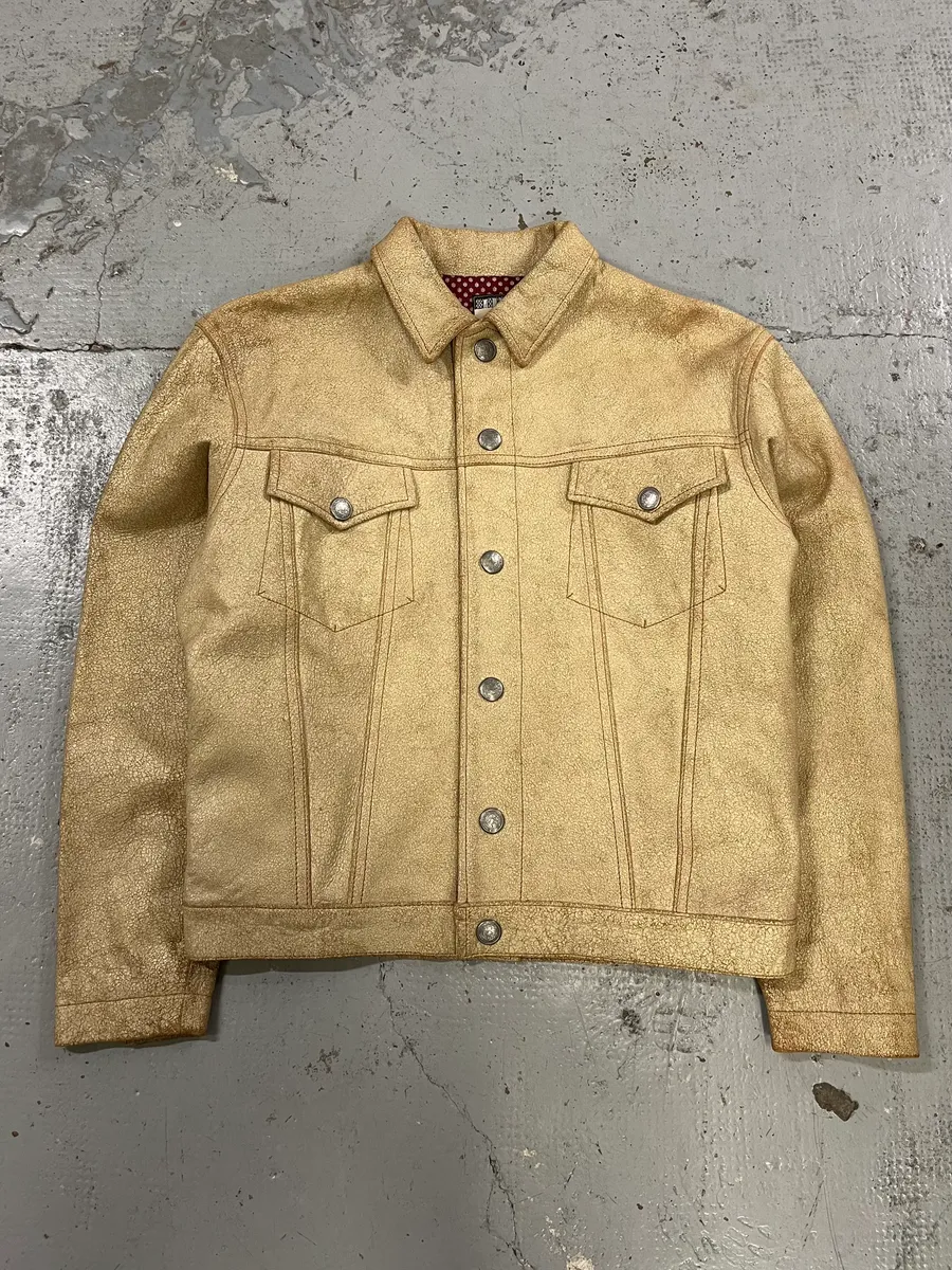2000s Jean Paul Gaultier Cracked Beige Cropped Leather Jacket - Image 4