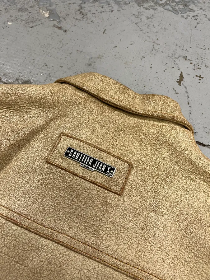 2000s Jean Paul Gaultier Cracked Beige Cropped Leather Jacket - Image 9