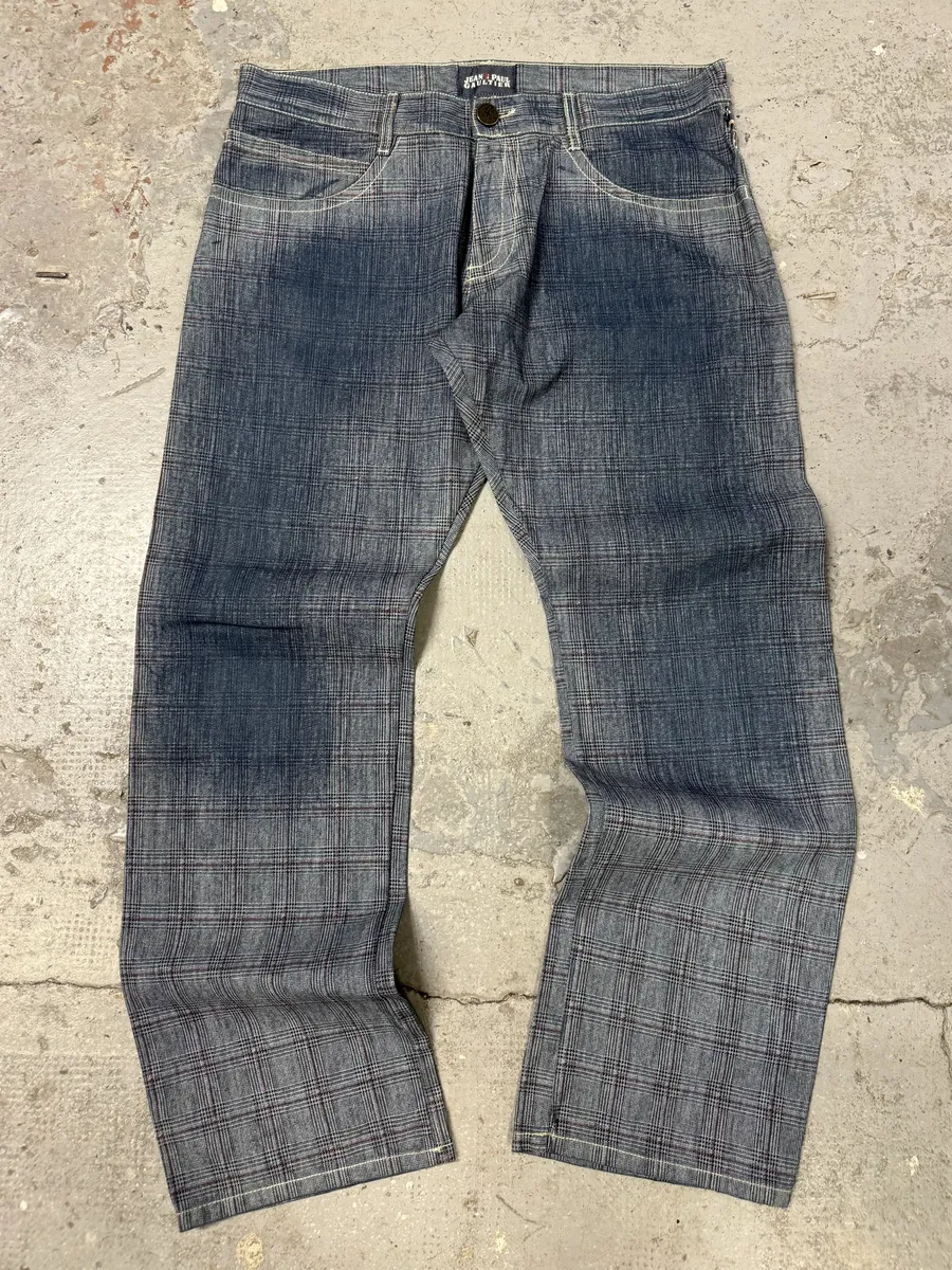 2000s Jean Paul Gaultier Faded Blue Tartan Blurred Pants - Image 3
