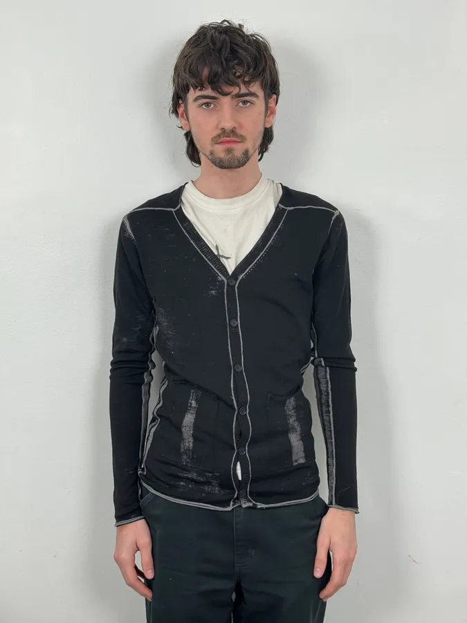 2000s Jean Paul Gaultier Irregular Black and Grey Cardigan Sweater - Image 2