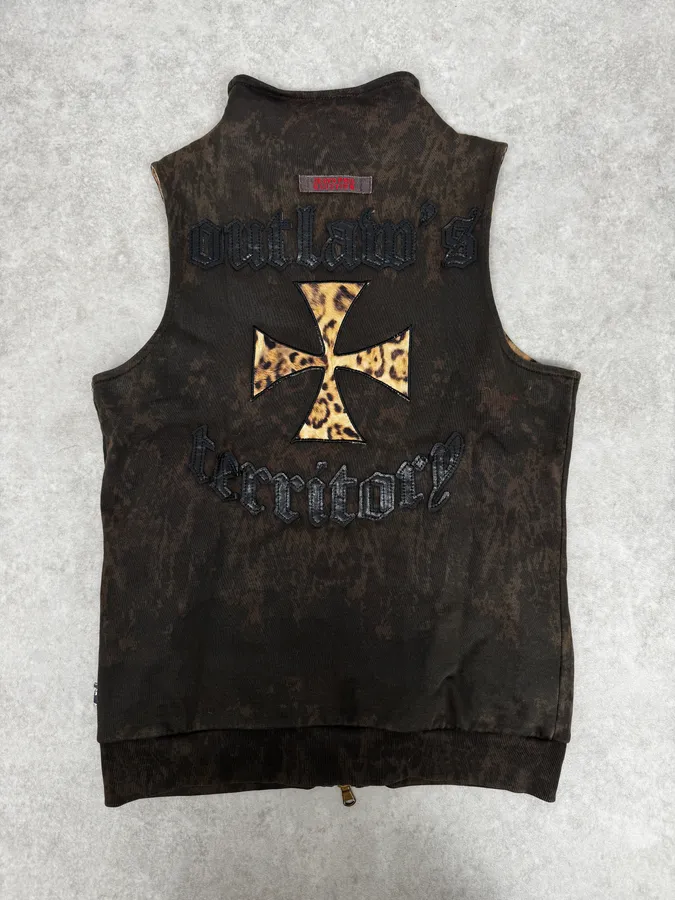 2000s Jean Paul Gaultier Leopard Cross Sleeveless Zip-up Sweater - Image 4