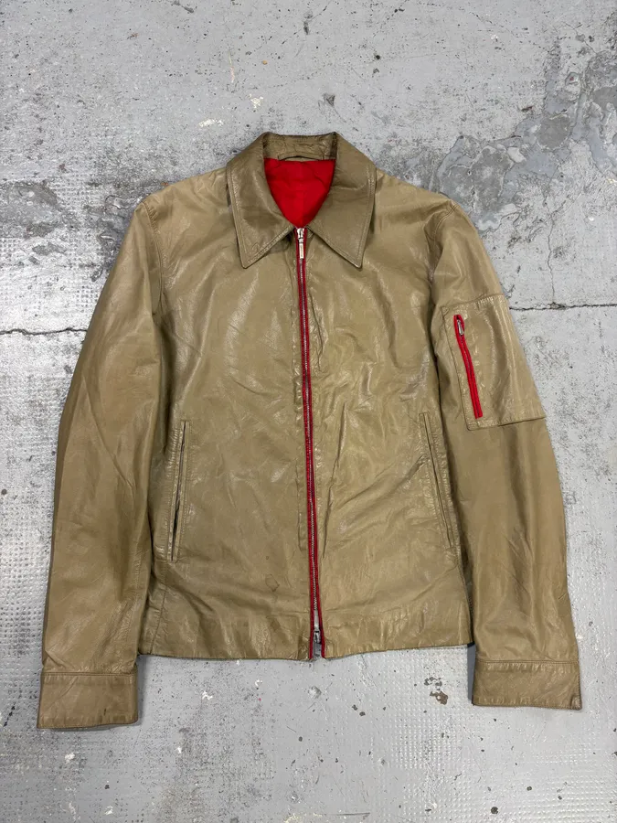 2000s Jil Sander Beige & Red Classy Leather Soft Jacket