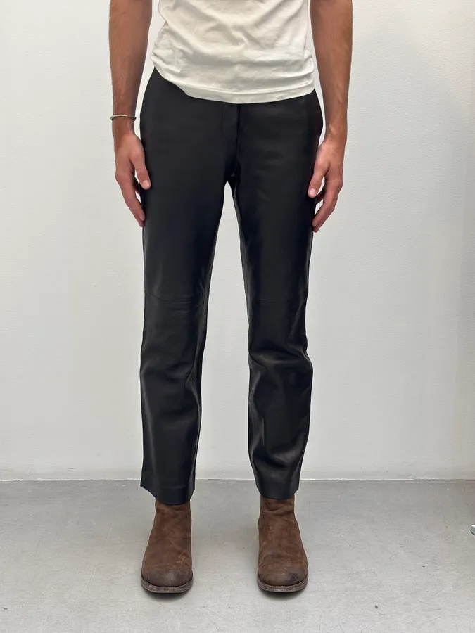 2000s Jil Sander Lambskin Leather Silk Lined Black Pants - Image 2