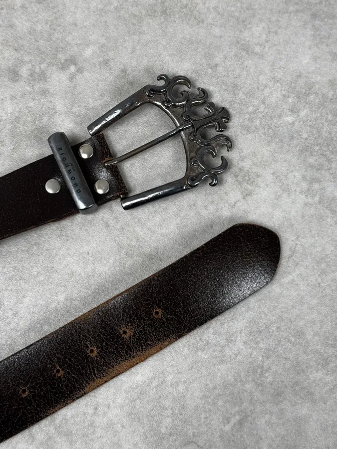 2000s John Richmond Brown Cross Ornamental Buckle Belt - Image 4