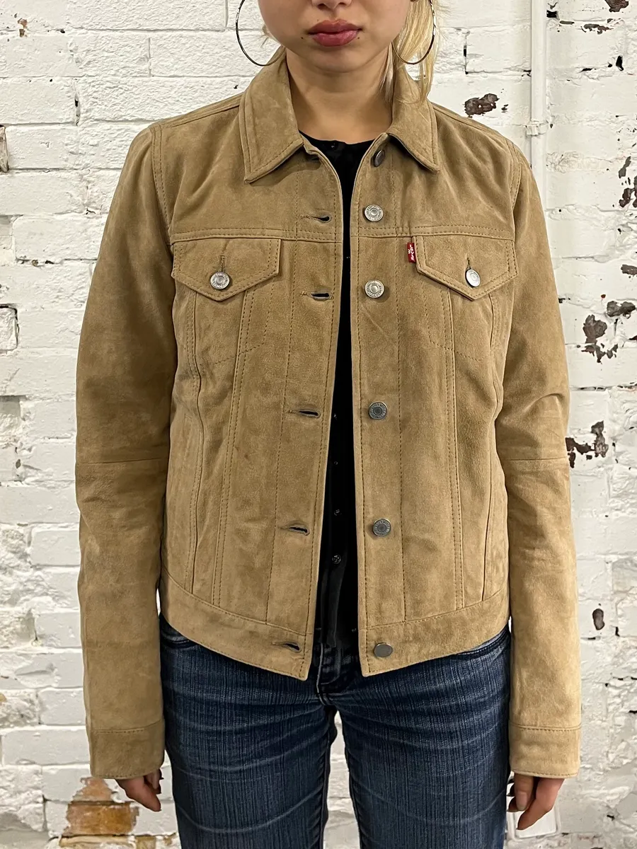 2000s Levi’s Camel Suede Leather Trucker Jacket - Image 2