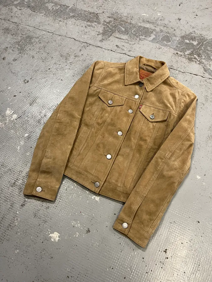 2000s Levi’s Camel Suede Leather Trucker Jacket - Image 4