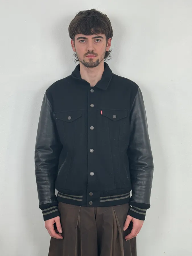 2000s Levi’s Leather & Wool Teddy Black Bomber Jacket - Image 2