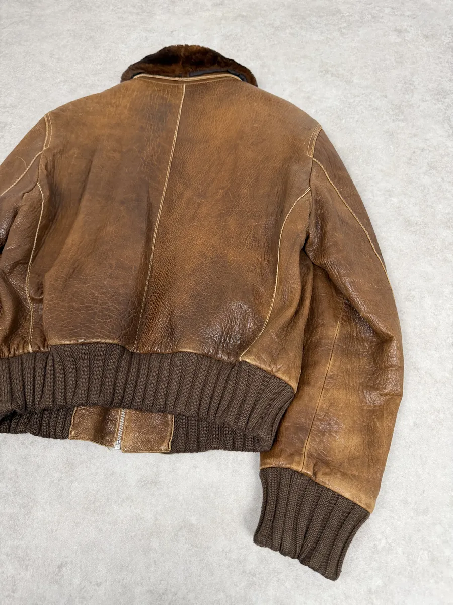 2000s Loewe Brown Eroded Grained Premium Leather Bomber Jacket - Image 6