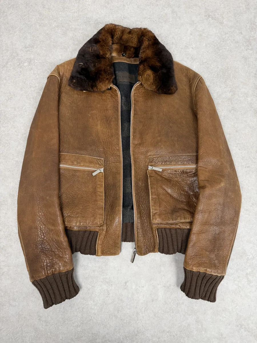 2000s Loewe Brown Eroded Grained Premium Leather Bomber Jacket - Image 8
