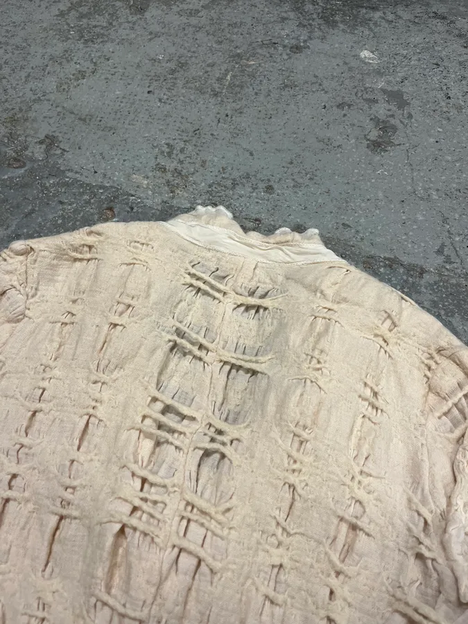 2000s Marithé + François Girbaud Beige Distressed Wool Buttoned Cardigan Blazer - Image 6