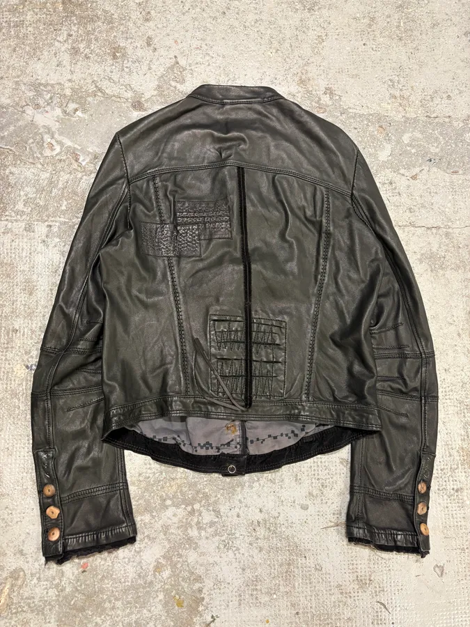 2000s Marithé + François Girbaud Black Leather Buttoned Samurai Jacket - Image 4