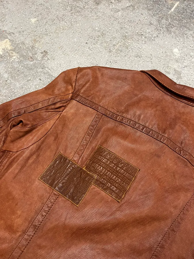 2000s Marithé + François Girbaud Red Destructured Patchwork Leather Artisanal Jacket - Image 8