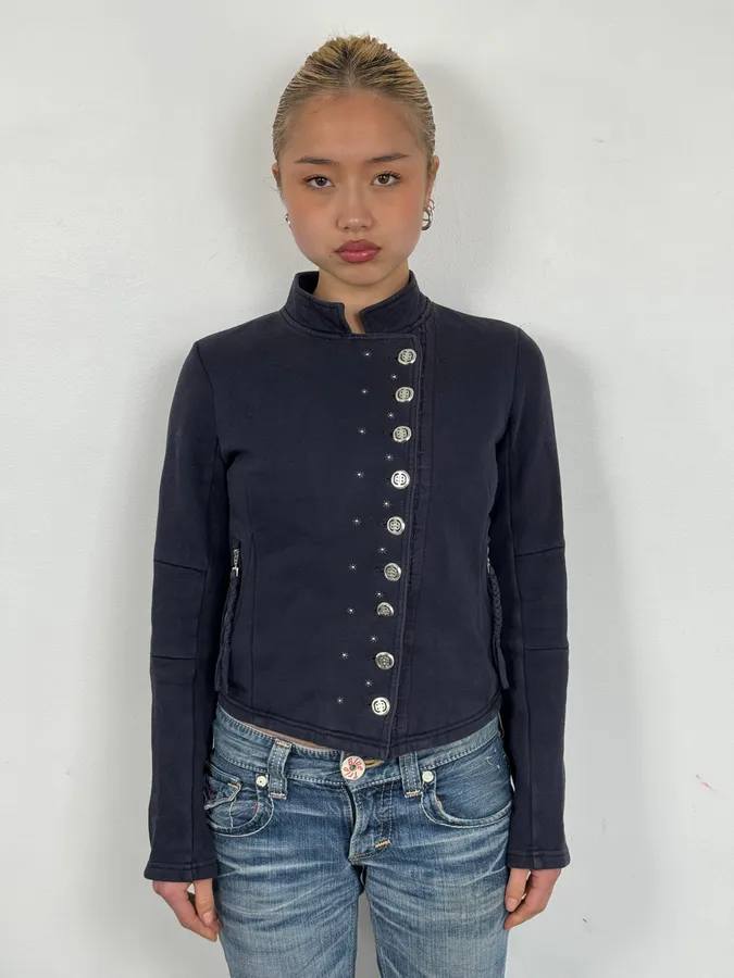2000s Marithé + François Girbaud Asymmetrical Buttoned Navy Cardigan - Image 2
