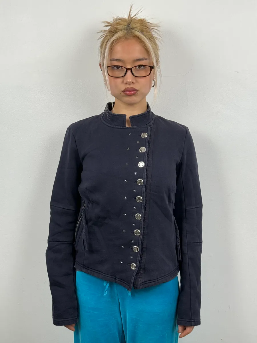 2000s Marithé + François Girbaud Asymmetrical Navy Buttoned Cardigan Sweater - Image 2