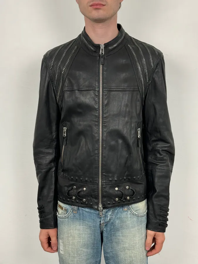 2000s Marithé + François Girbaud Black Studded Biker Leather Jacket - Image 2