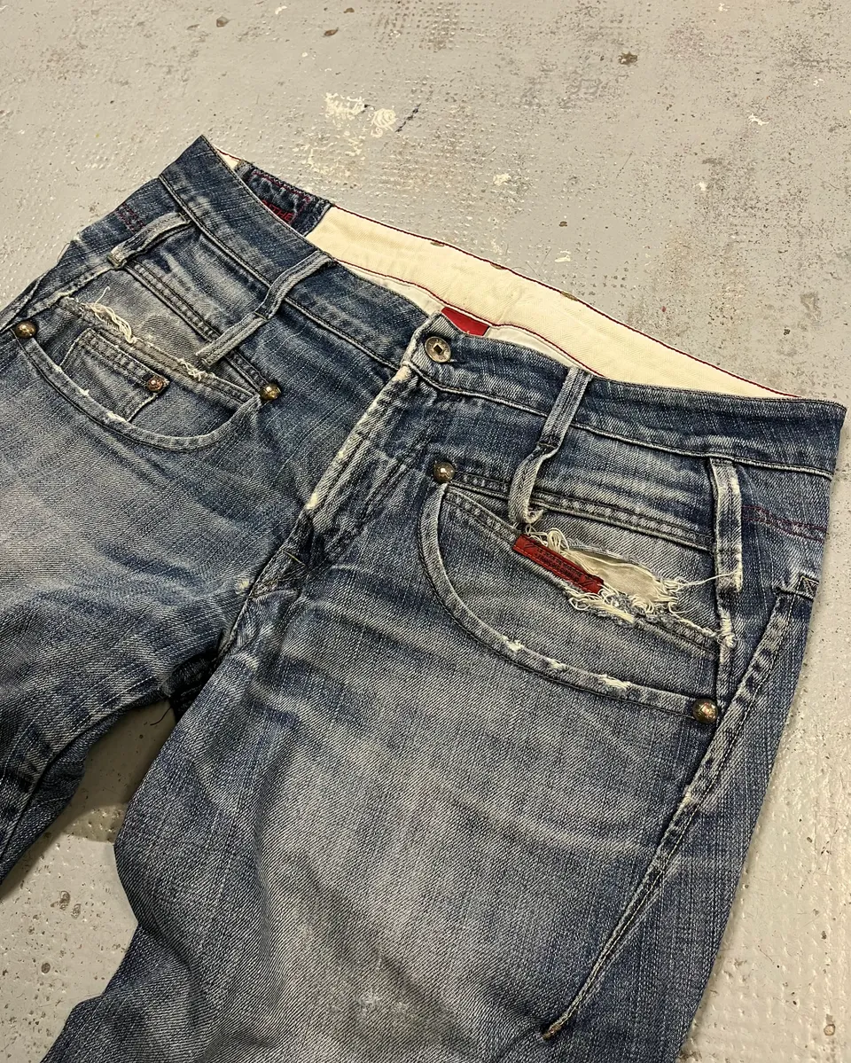 2000s Marithé + François Girbaud Blue Denim Distressed Bootcut Jeans - Image 7