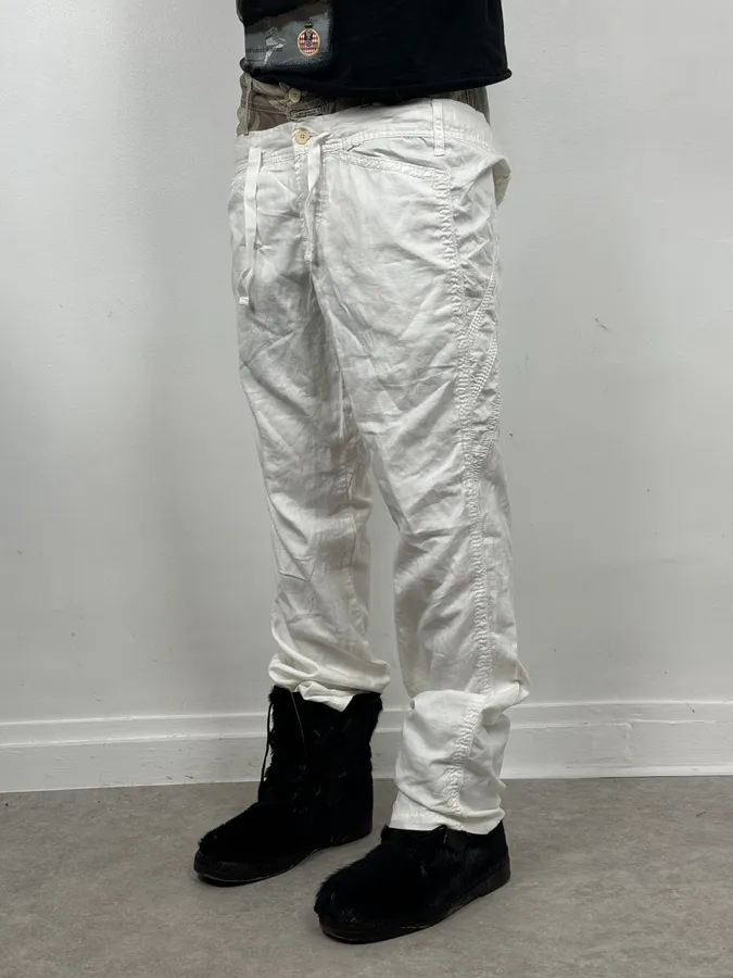 2000s Marithé + François Girbaud Double Waisted Biege Plad and Light White Pants - Image 3