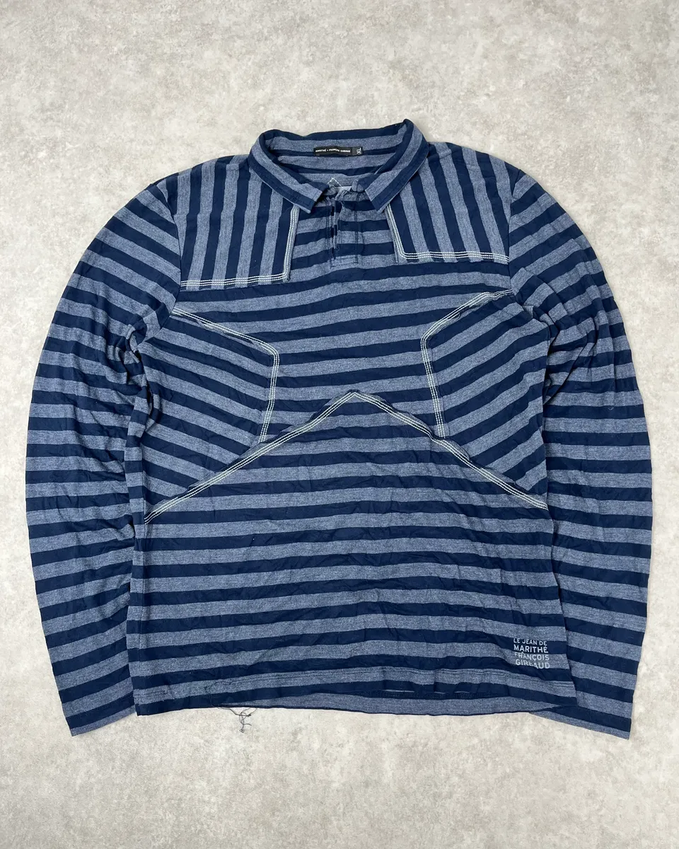 2000s Marithé + François Girbaud Grey & Navy Striped Longsleeves Polo