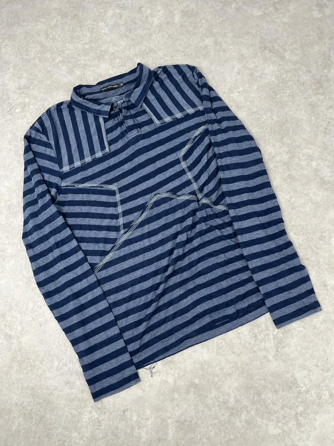 2000s Marithé + François Girbaud Grey & Navy Striped Longsleeves Polo - Image 4
