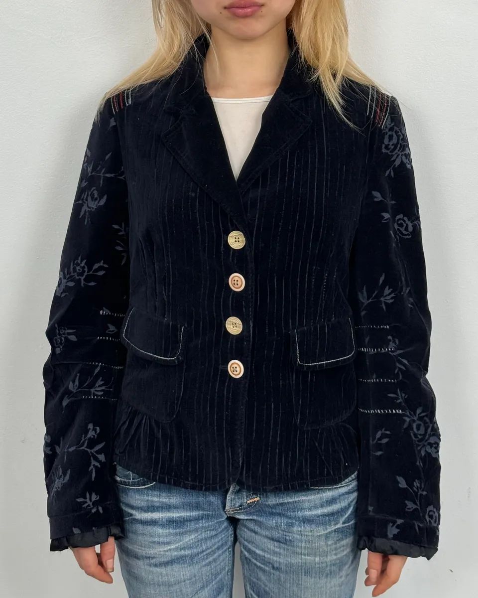 2000s Marithé + François Girbaud Navy Flowers Velvet Buttoned Jacket - Image 2