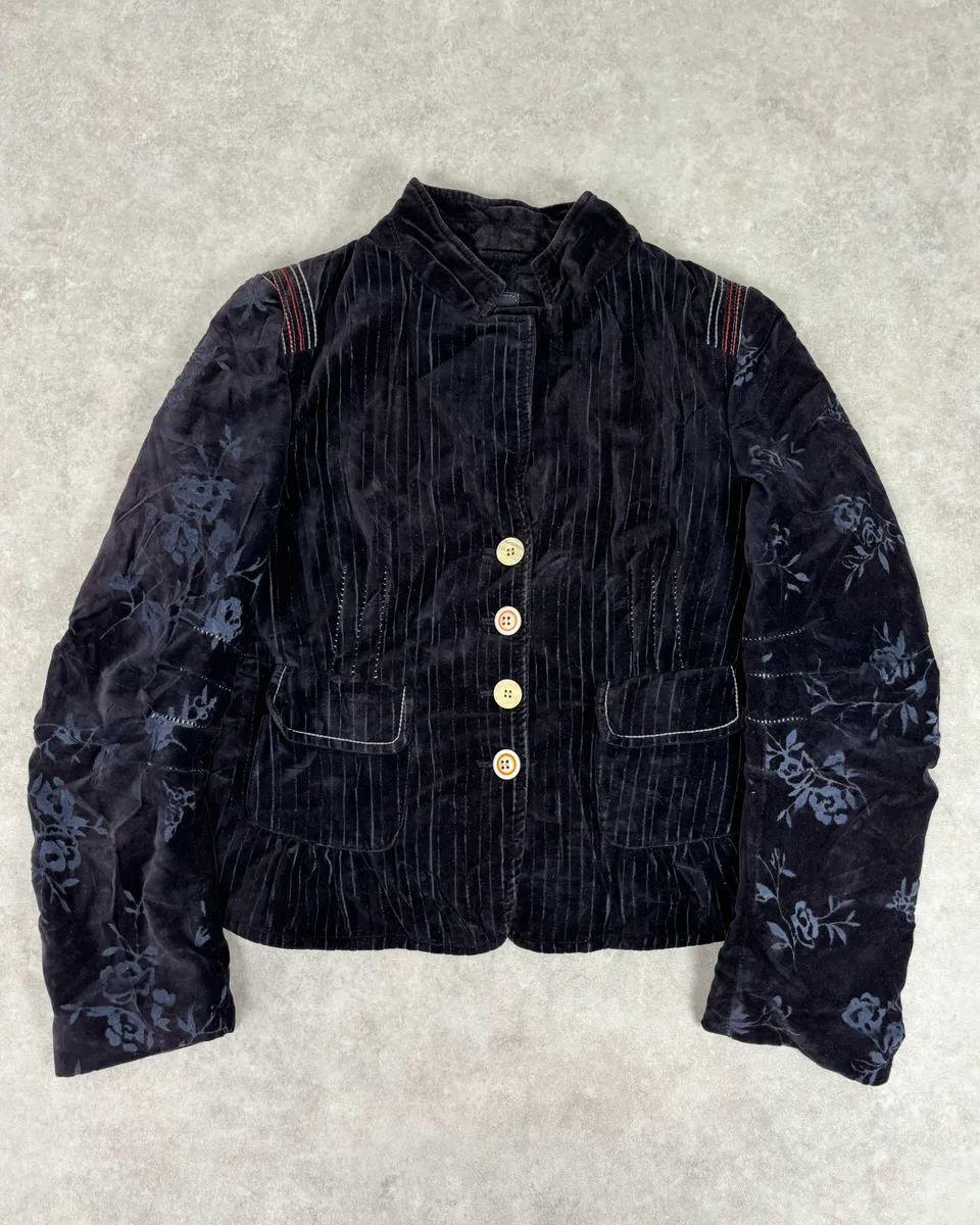 2000s Marithé + François Girbaud Navy Velvet Floral Blazer Jacket