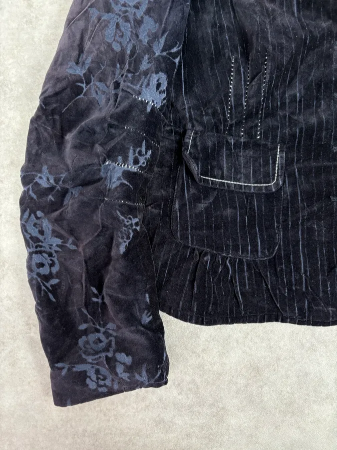 2000s Marithé + François Girbaud Navy Velvet Floral Blazer Jacket - Image 10