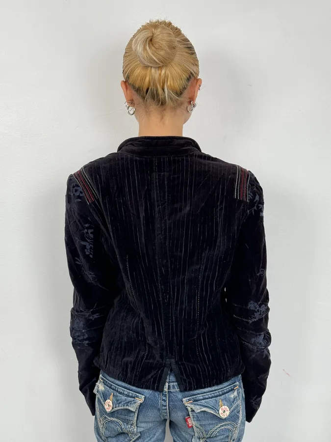 2000s Marithé + François Girbaud Navy Velvet Floral Blazer Jacket - Image 3