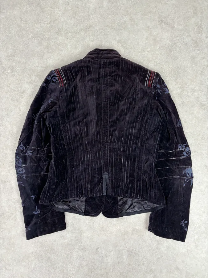 2000s Marithé + François Girbaud Navy Velvet Floral Blazer Jacket - Image 5