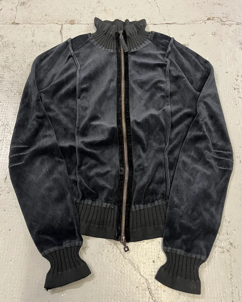 2000s Marithé + François Girbaud Navy Velvet Zip Up Sweater - Image 4