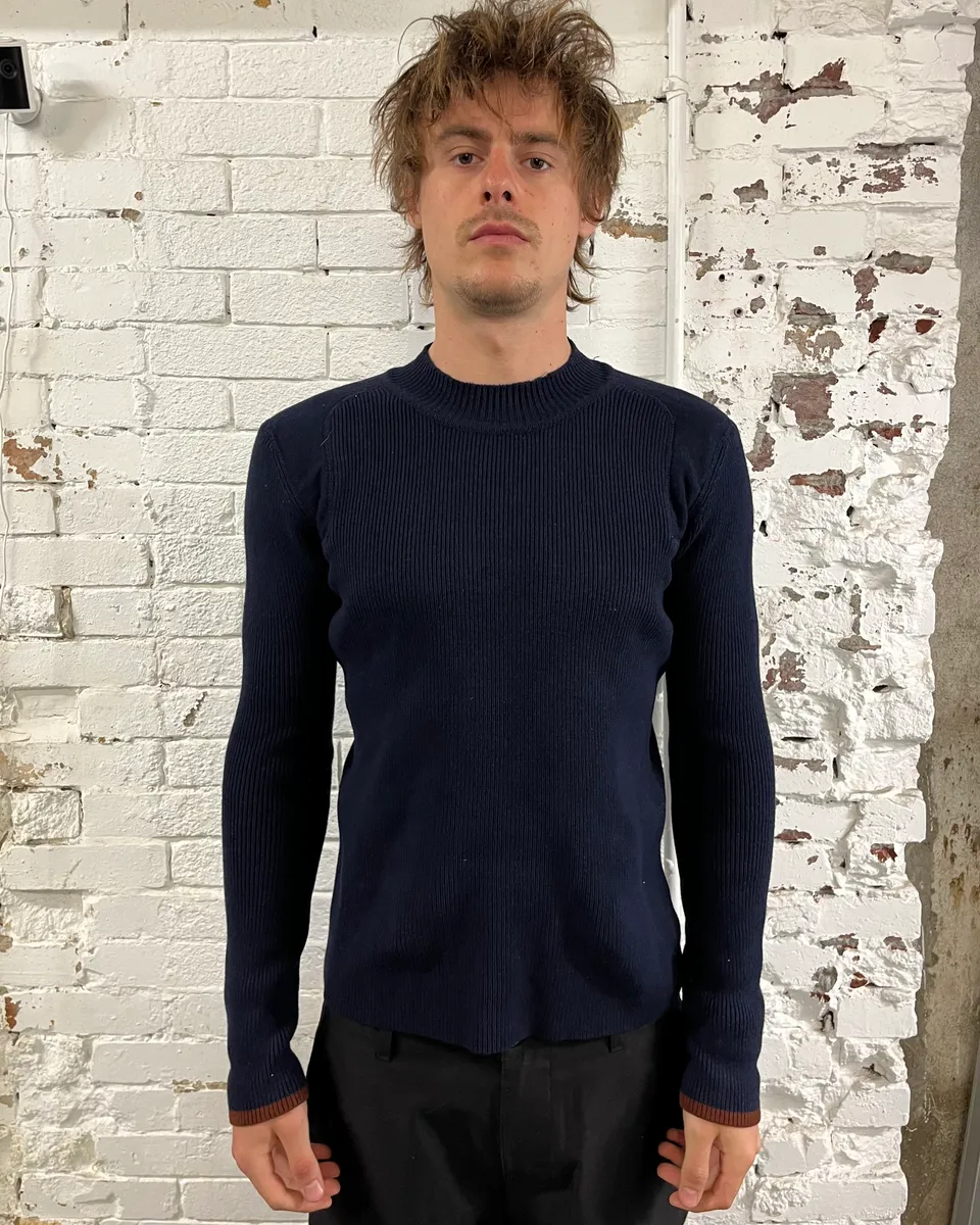 2000s Marithé + François Girbaud Navy Wool Contrast Cuff Sweater - Image 2