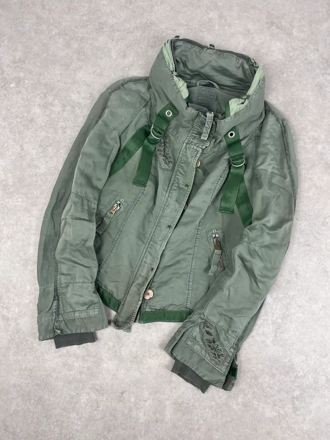 2000s Marithé + François Girbaud Olive Flowers Bondage Jacket - Image 4