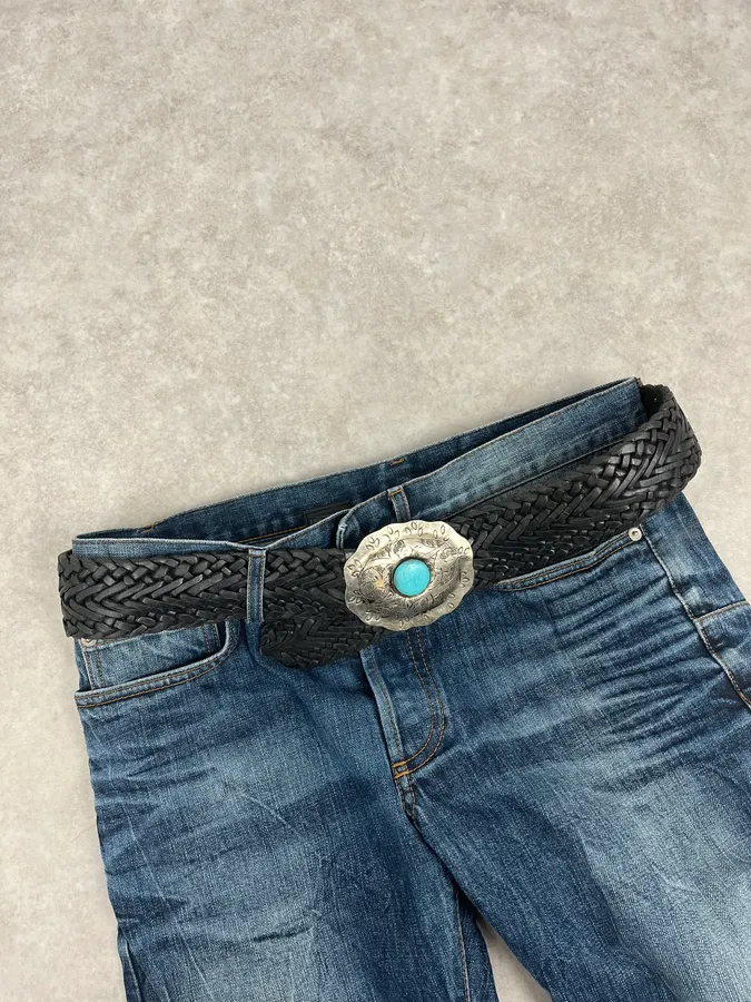 2000s Marithé + François Girbaud Ornament Buckle Black Woven Leather Belt - Image 2