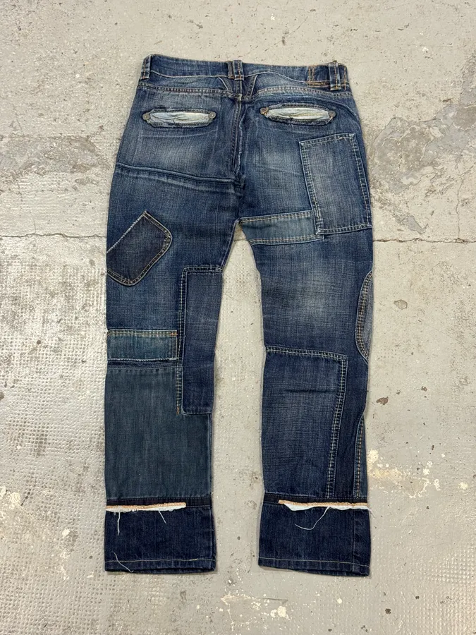 2000s Marithé + François Girbaud Patchwork Blue Denim Jeans - Image 12