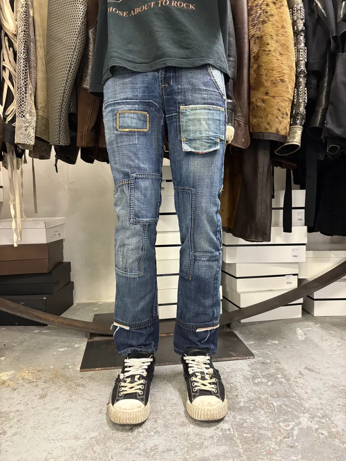 2000s Marithé + François Girbaud Patchwork Blue Denim Jeans - Image 2