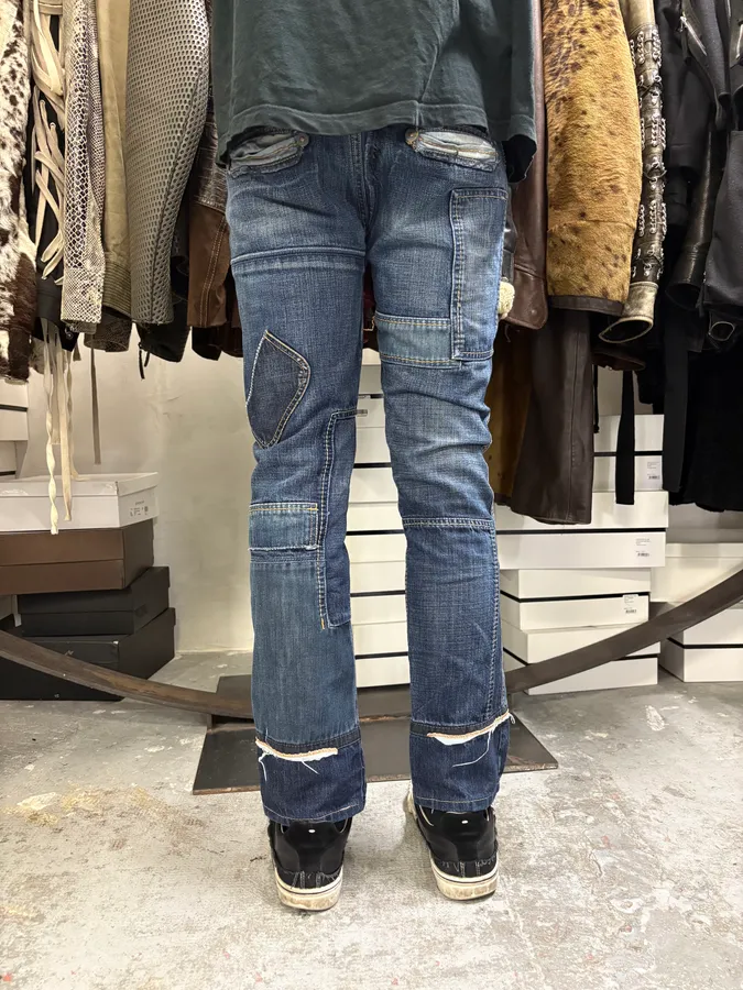 2000s Marithé + François Girbaud Patchwork Blue Denim Jeans - Image 4
