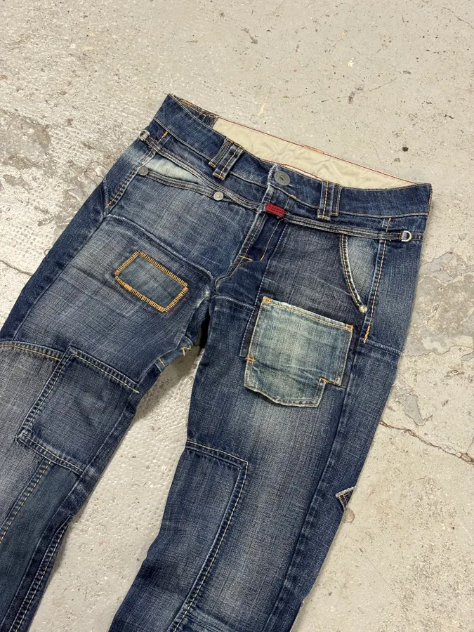 2000s Marithé + François Girbaud Patchwork Blue Denim Jeans - Image 5
