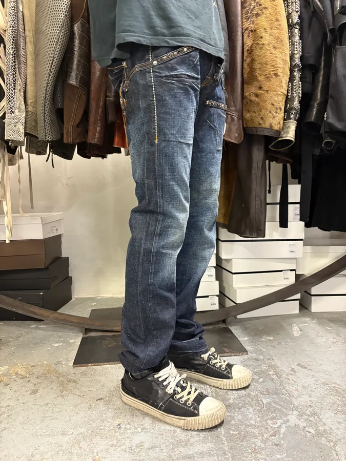 2000s Marithé + François Girbaud Stars Straps Army Blue Denim Jeans - Image 4