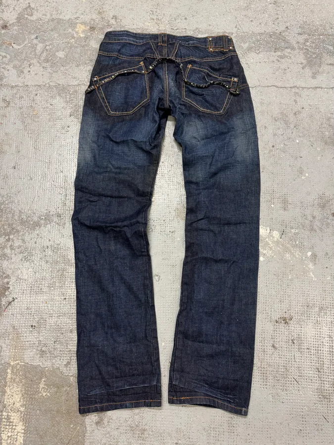 2000s Marithé + François Girbaud Stars Straps Army Blue Denim Jeans - Image 6