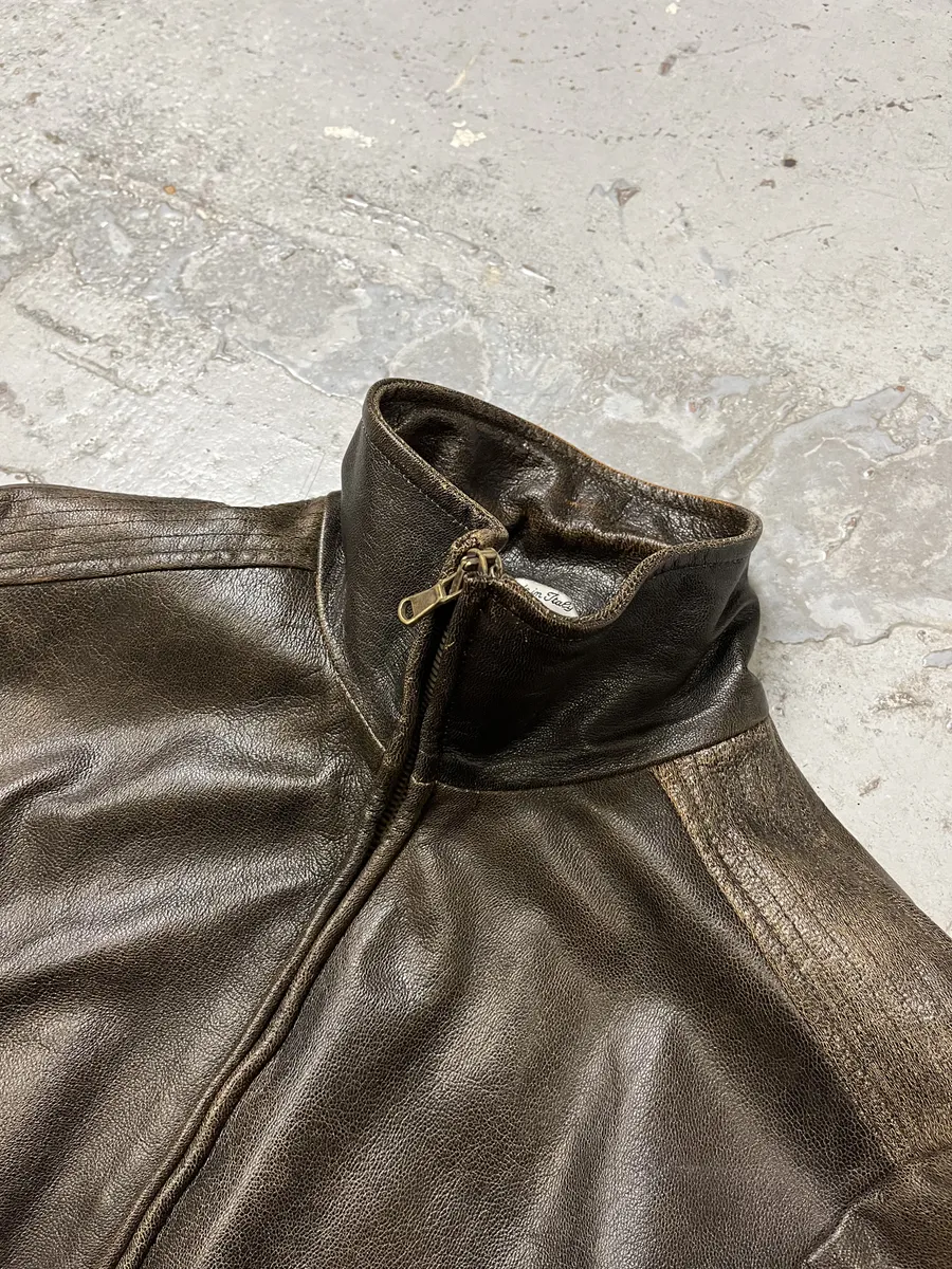 2000s Massimo Rebecchi Raw Aged Brown Leather Jacket - Image 8
