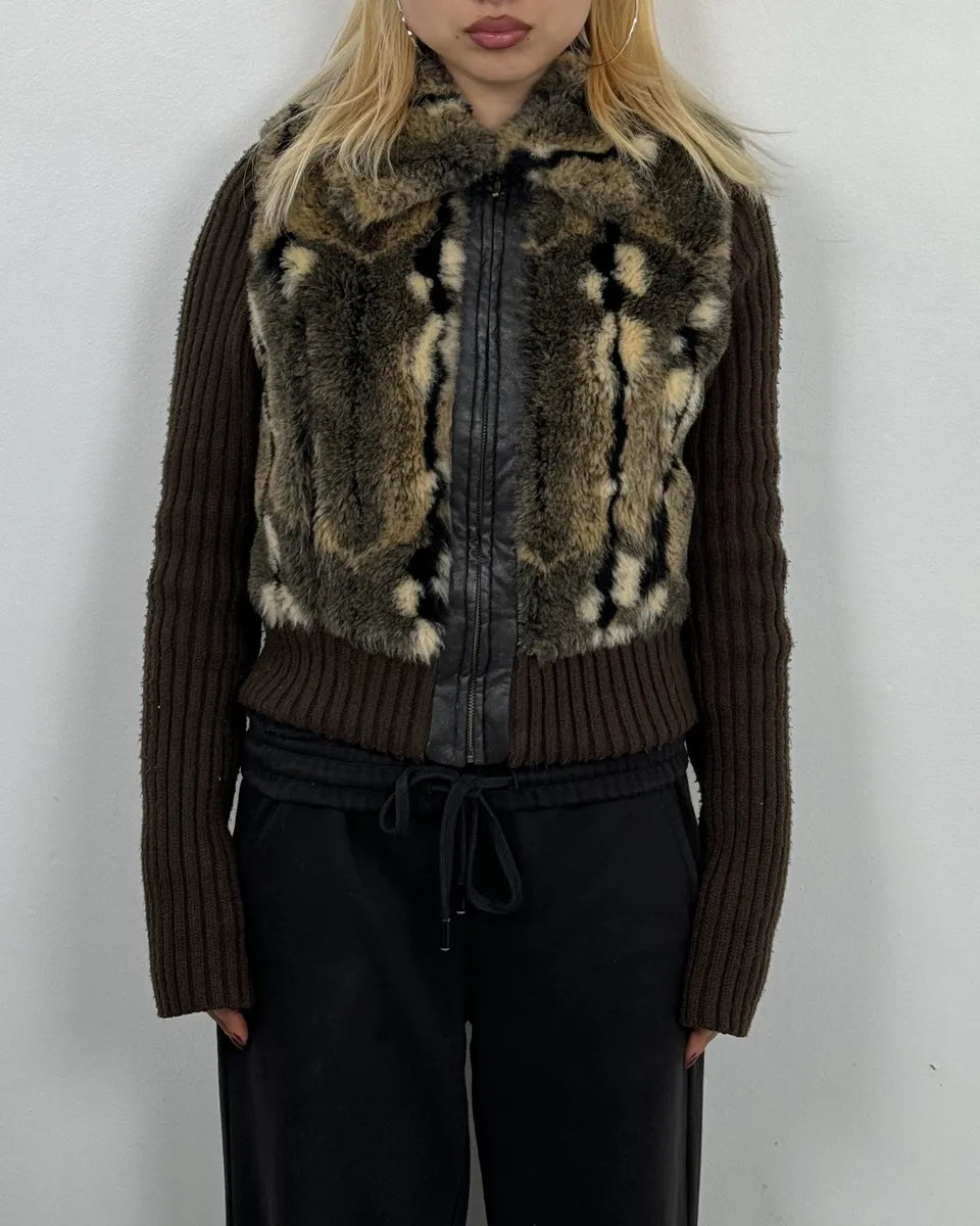2000s Miss Sixty Fake Fur Brown Wool Sleeves Jacket