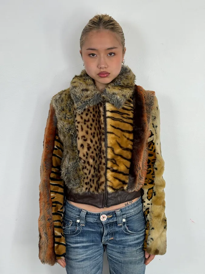 2000s Miss Sixty Leopard Tiger Patchwork Faux Fur Jacket - Image 2