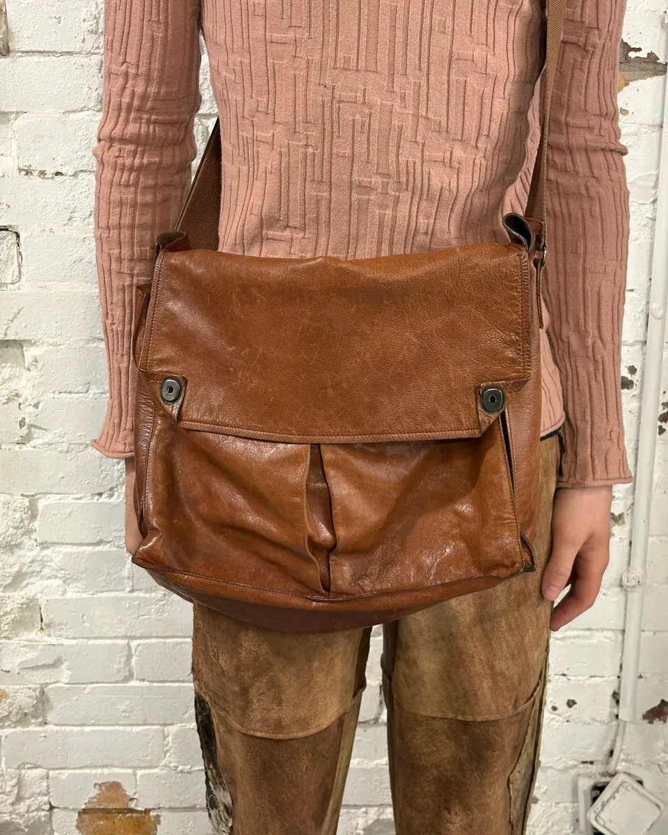 2000s Miu Miu Cognac Brown Leather Messenger Bag - Image 3